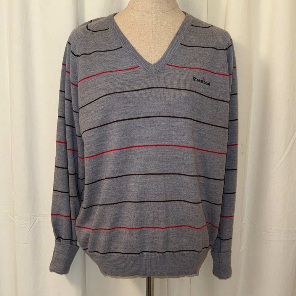 Vintage Men's Gray Red/Black Striped with Steamboat Logo V-Neck Sweater  SZ L